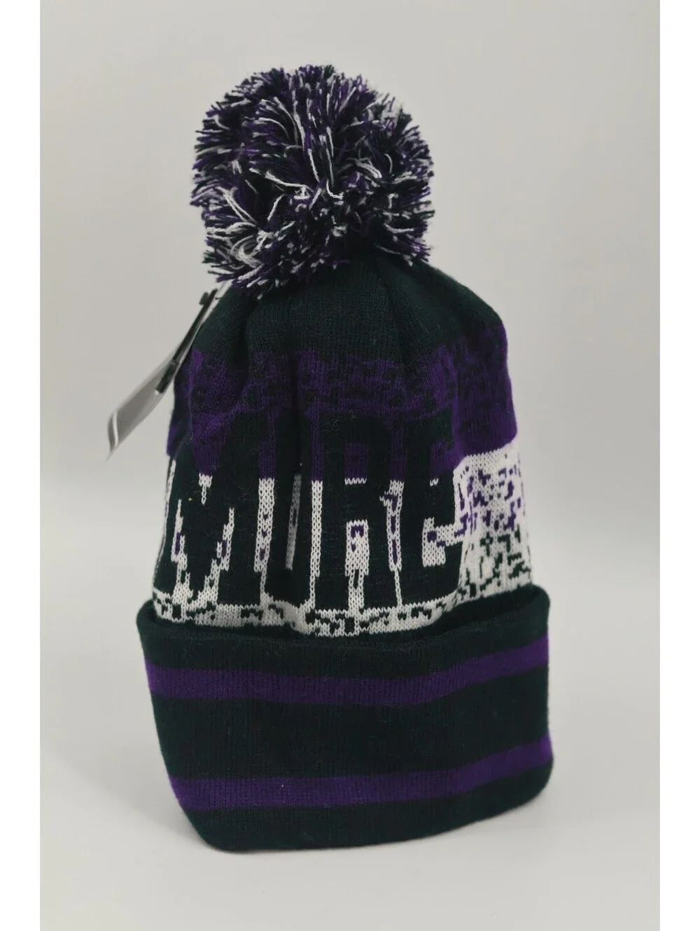 Baltimore Beanie Hat NYC New York Headwear Purple Black Pom Pom Knit Cap New